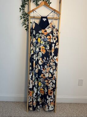 Tahari ASL Floral Racerback Boho Whimsigoth Maxi Dress with Pockets Navy Blue L
